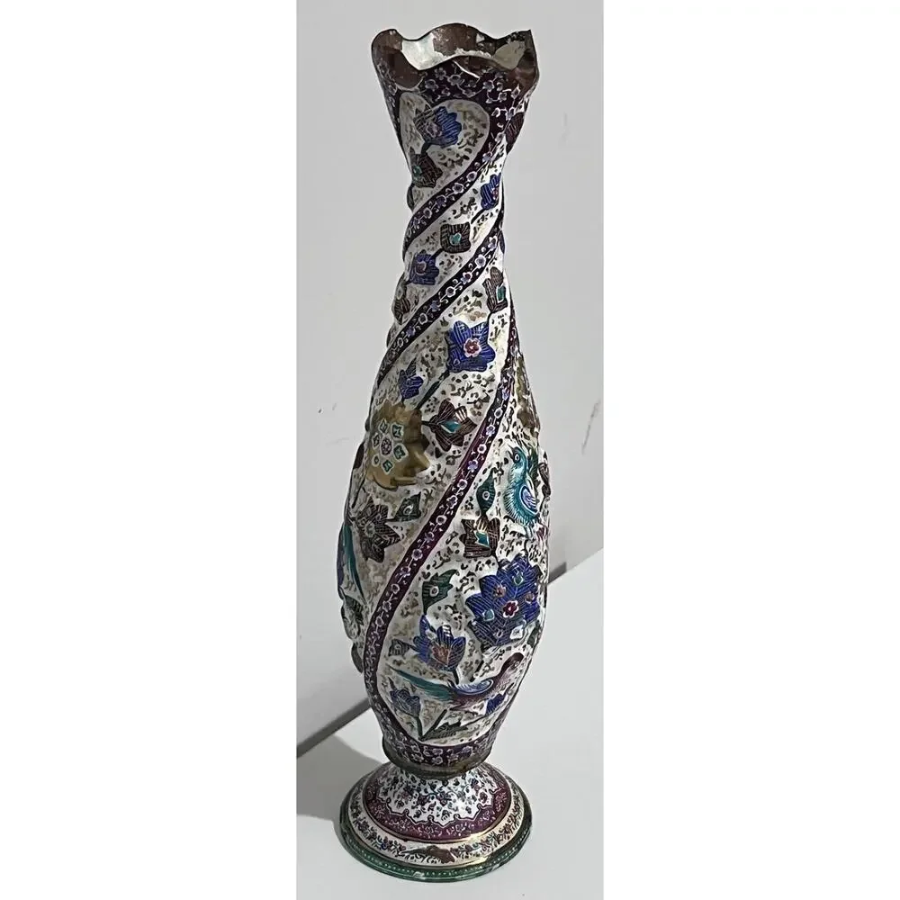 Vintage Antique Iznik Minakari Enameled Birds And Floral Decorations Copper Vase